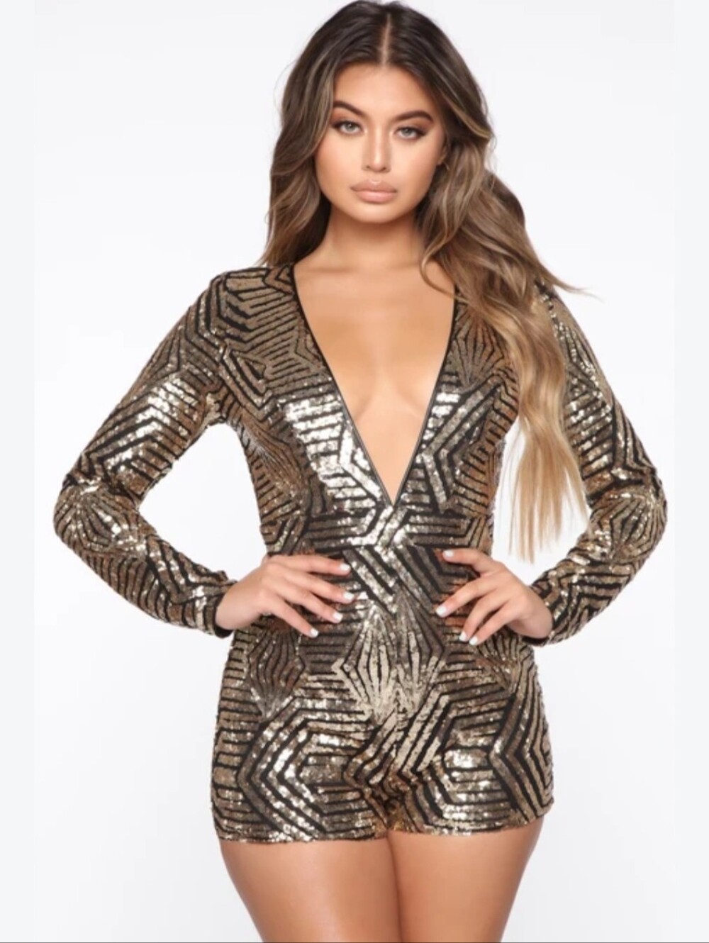 Fashion Nova Flashy Ways Gold Sequin Long Sleeve Deep V Romper Size XL